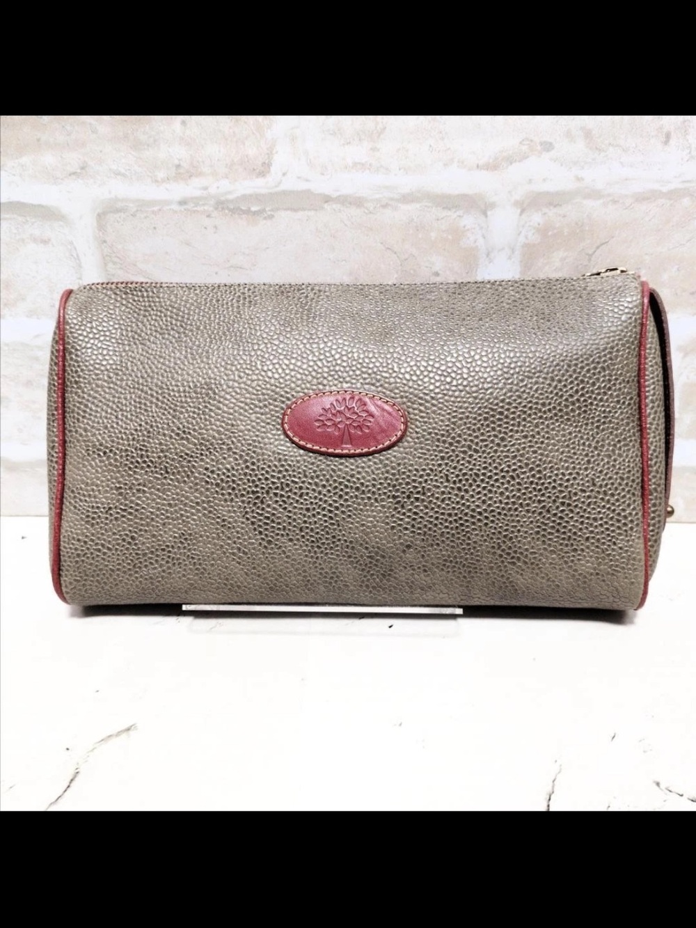Mulberry Pebbled Leather Zip Pouch in Taupe with Red Accents